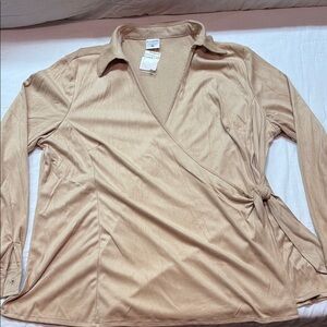 Motherhood Maternity Tan Faux‎ Suede Cross-Wrap Blouse with Side Tie NWT